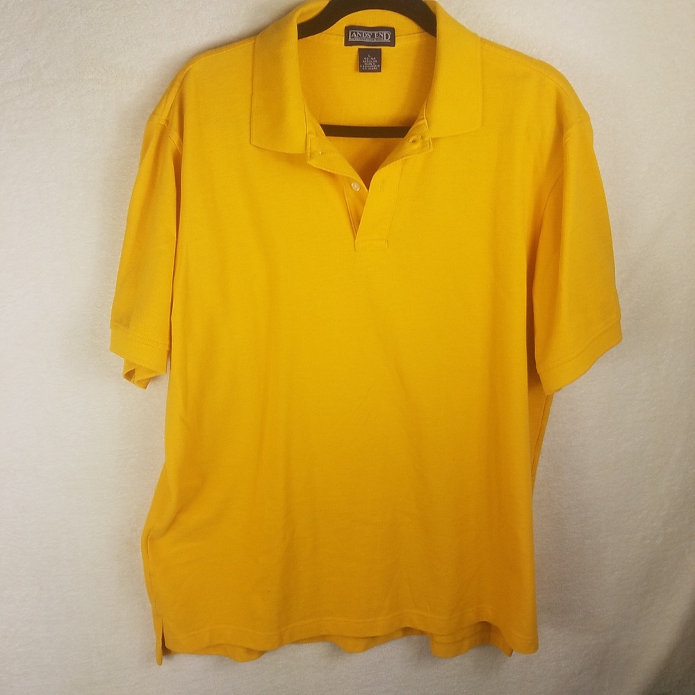 Lands End Polo Shirt Mens L Yellow Excellent Short Sleeve Pique Cotton Regular
